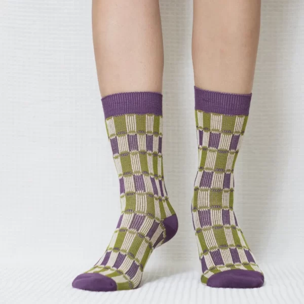 Purple Plaid Quarter Combed Cotton Socks for Women