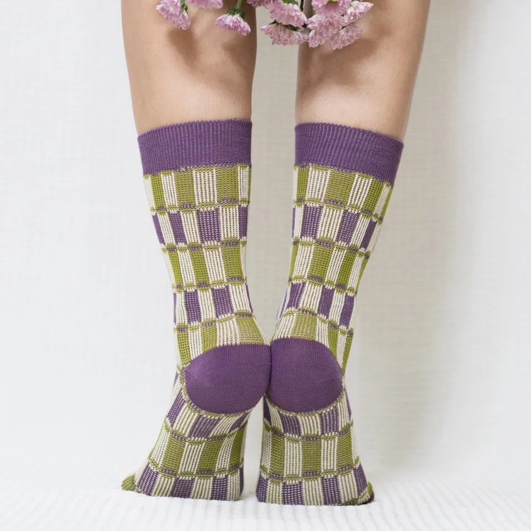 Purple Plaid Quarter Combed Cotton Socks for Women