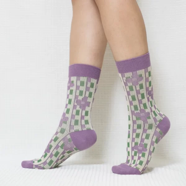 Purple Vertical Stripe Quarter Combed Cotton Socks for Women