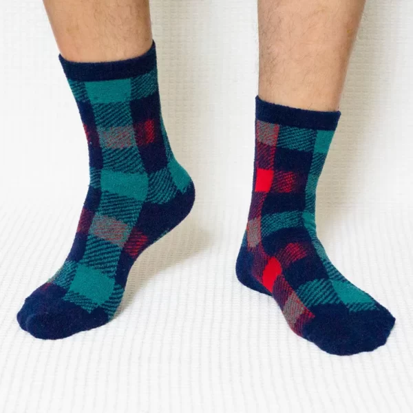 Teal Red Plaid Quarter Combed Cotton Socks for Men