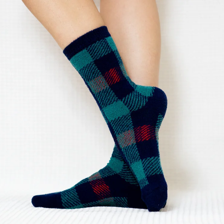 Teal Red Plaid Quarter Combed Cotton Socks for Women
