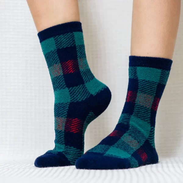 Teal Red Plaid Quarter Combed Cotton Socks for Women